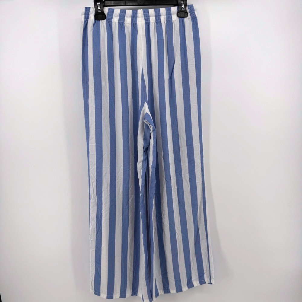 Liz Claiborne Pajama Pants Medium Blue White Striped Wide Leg Rayon Lightweight - Picture 3 of 7